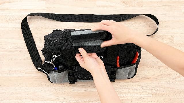Amazon Basics Durable Wear-Resistant Tool Storage Bag with Adjustable Shoulder Strap, Portable Tool Organizer, 16 Pockets, 12 in, Black & Gray