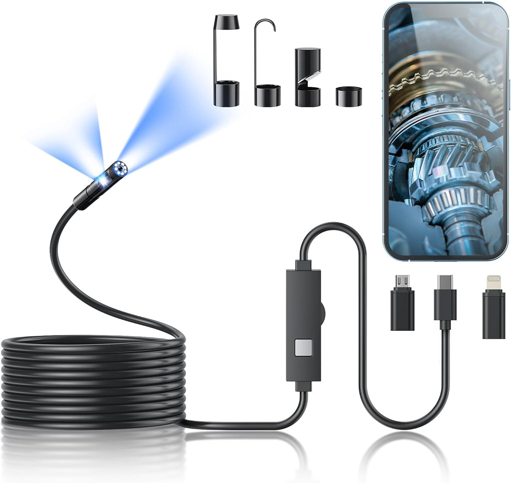 Kinpthy Endoscope Camera with Light,1920P HD Borescope Tools with 8 Adjustable LED Lights, Endoscope with Semi-Rigid Snake Camera, Inspection Borescope for iOS and Android-16.4ft Single Lens