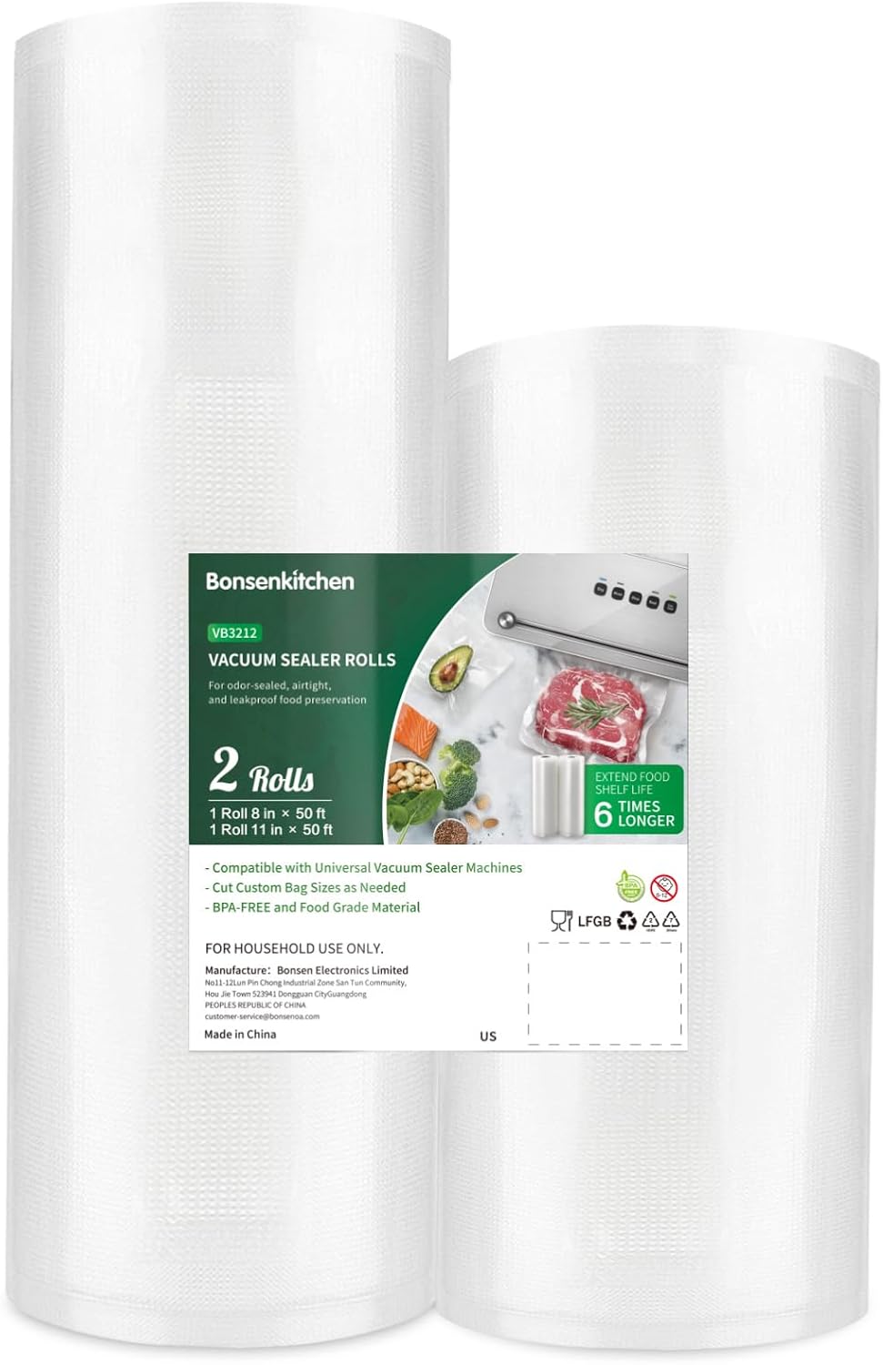 Bonsenkitchen Vacuum Sealer Bags, 2 Rolls 11" x 50', for Food Storage Saver