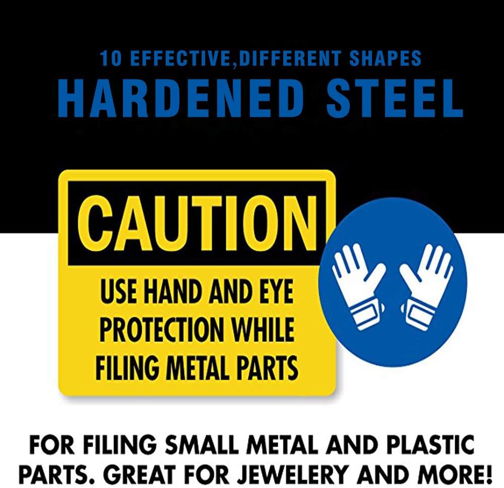 10Pcs Needle File Set- Hardened Alloy Steel, Mini Set Includes Tapered Round, Half Round, Barrette, Crossing, Knife, Warding, Square, Three Square