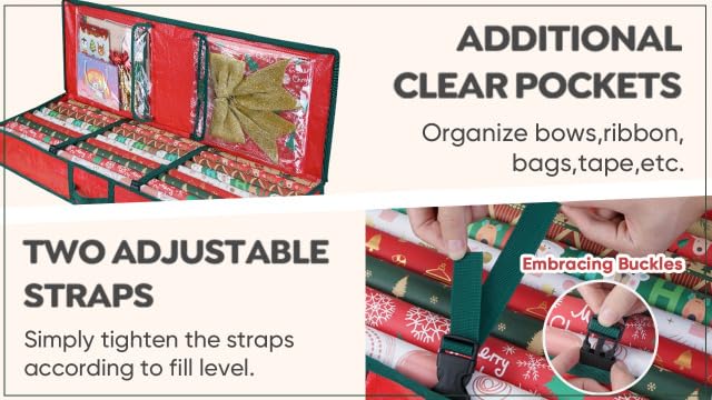BALEINE Soft Christmas Wrapping Paper Storage Bag, 40" Durable PE Gift Wrap Storage Bag with Flexible Partitions and Pockets for Ribbon, Accessories (Grey)