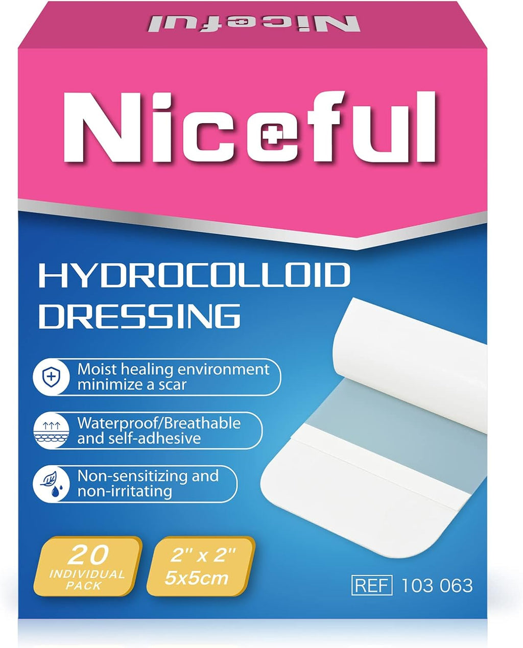 Niceful Hydrocolloid Bandages 2"x2" for Wound Care, 20 Count