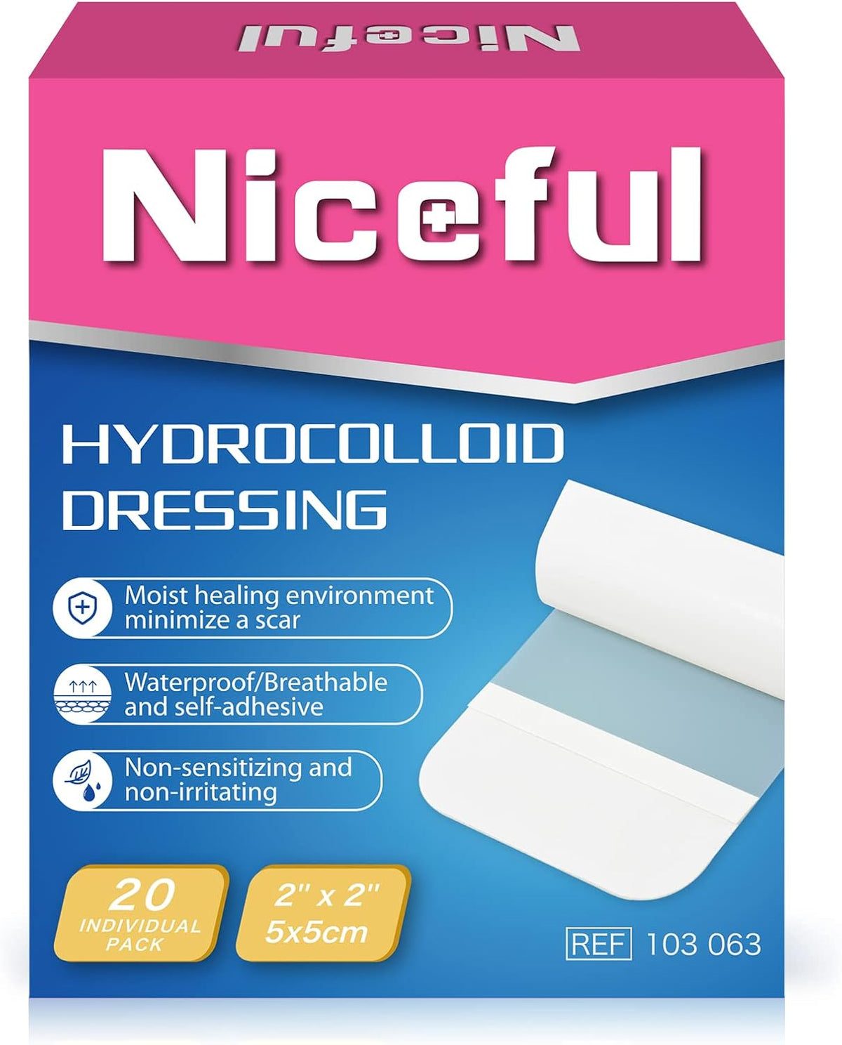 Niceful Hydrocolloid Bandages 2"x2" for Wound Care, 20 Count