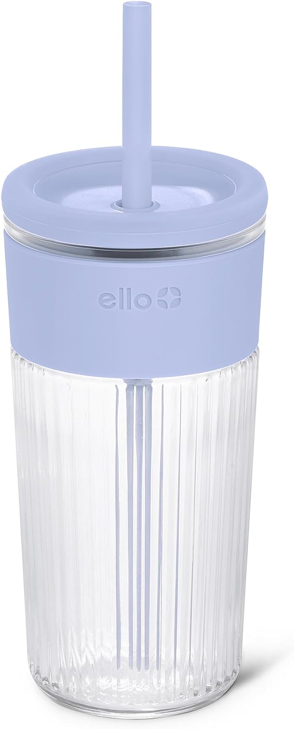 Ello Ava 18oz Glass Tumbler with Straw and Lid for Iced Coffee, Lemon