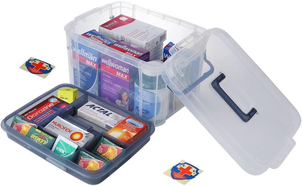 HEY FOLY 15qt Clear Medicine Organizer Storage Box with Tray, Plastic First Aid Box Empty, Thickened Medicine Container Chest, Multipurpose Medical Case with Labels, Medicine Caddy with Lids Handles