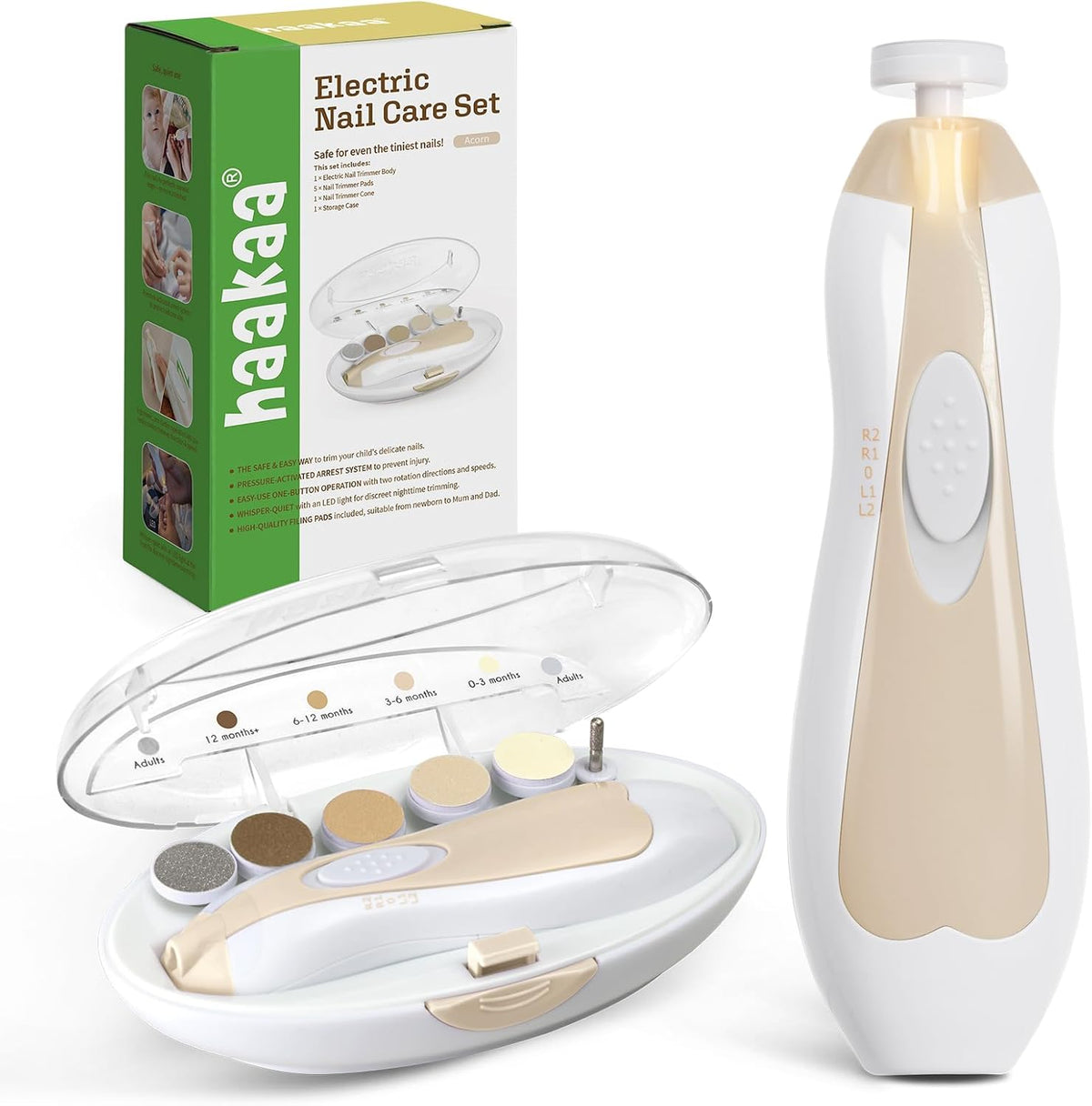 haakaa Electric Baby Nail File, LED Light Baby Nail Trimmer, Green