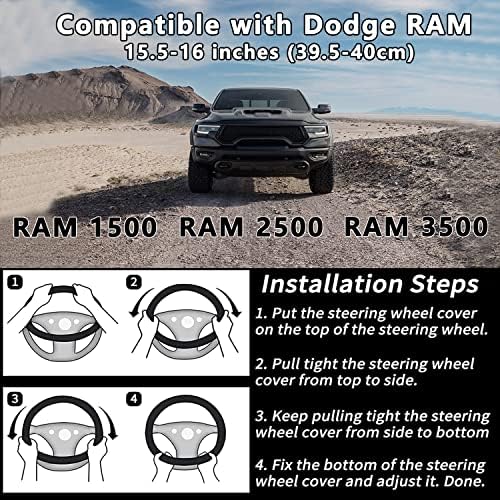 Yangday Leather Steering Wheel Cover for Dodge Ram 1500 2500 3500, 15.5-16 Inches Car Steering Wheel Cover with Anti-Slip Massage Particle (Black)