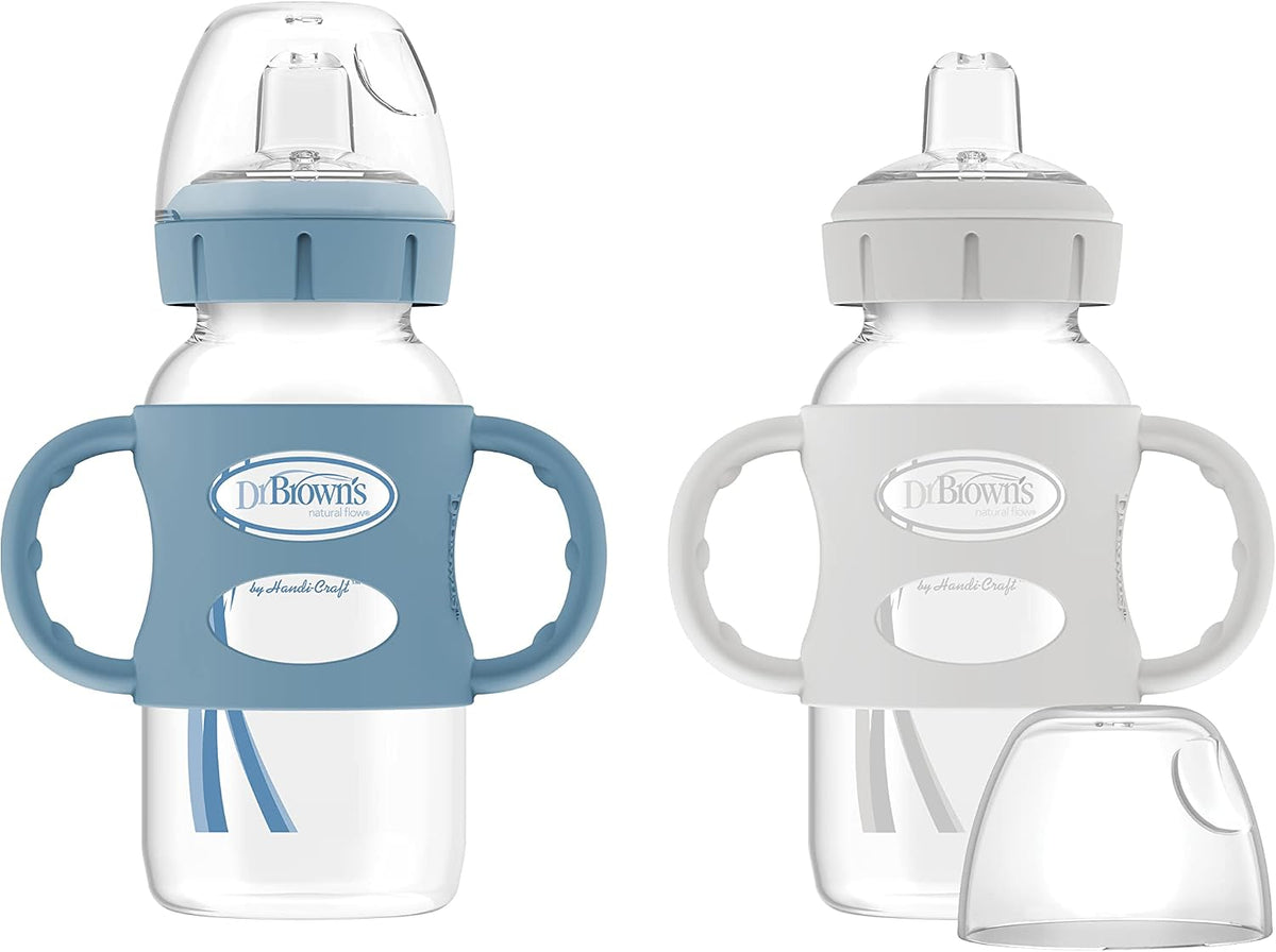 Dr. Brown's Wide-Neck Sippy Spout Bottle with Handles, Blue & Gray, 2-Pack