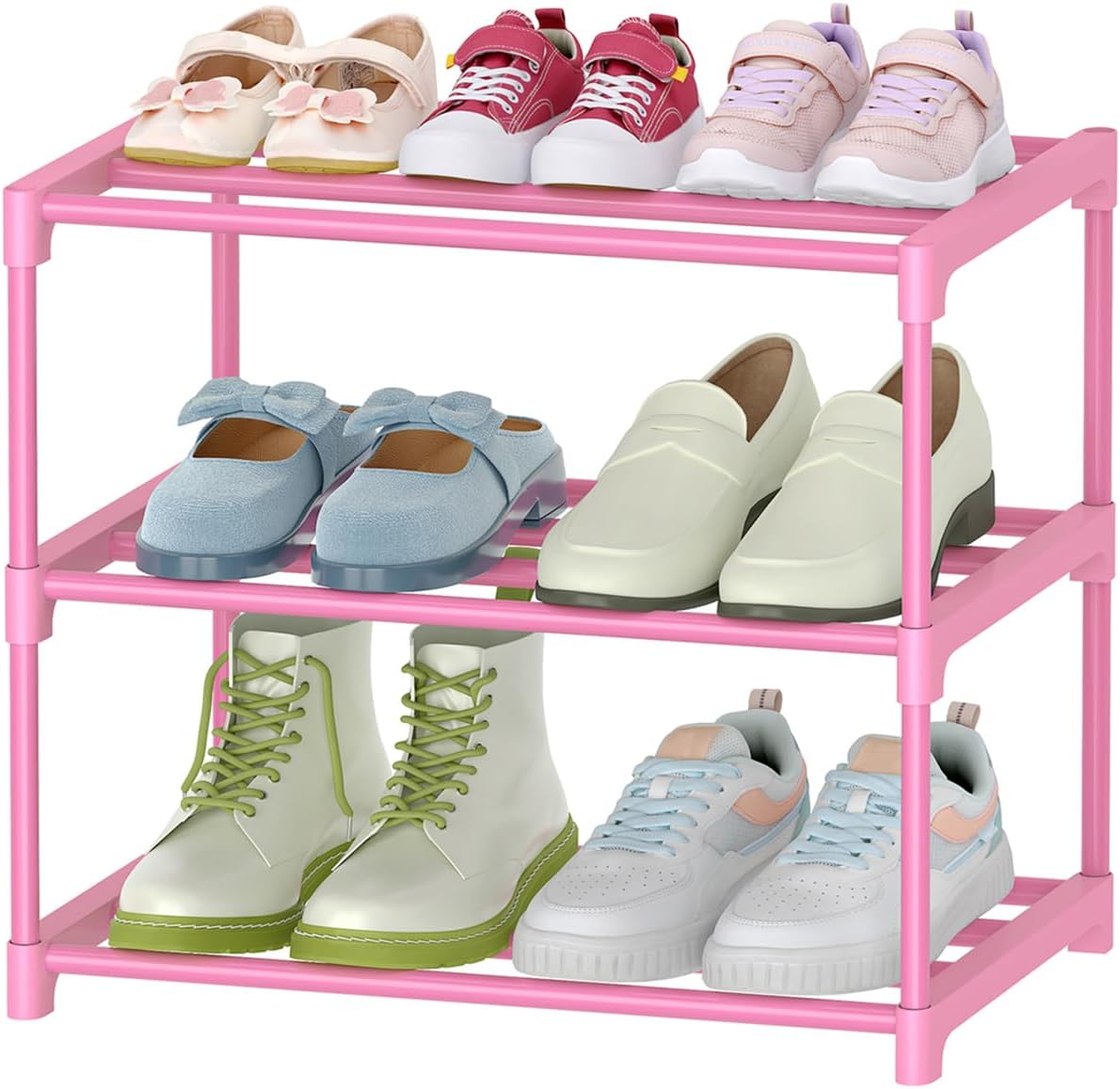 HITHIM 4-Tier Free Standing Pink Shoe Racks, Lightweight Stackable Shelf