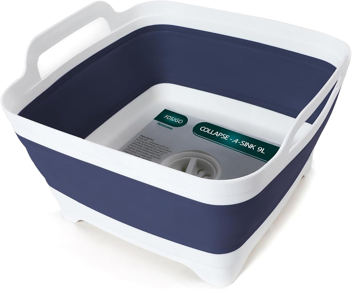 FOSJGO Collapsible Dish Basin with Drain Plug, Foldable Sink, 2.4 Gal (9L)