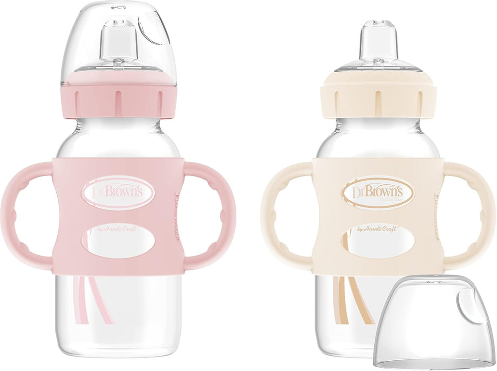 Dr. Brown's Wide-Neck Sippy Spout Bottle with Handles, Pink & Ecru, 2-Pack