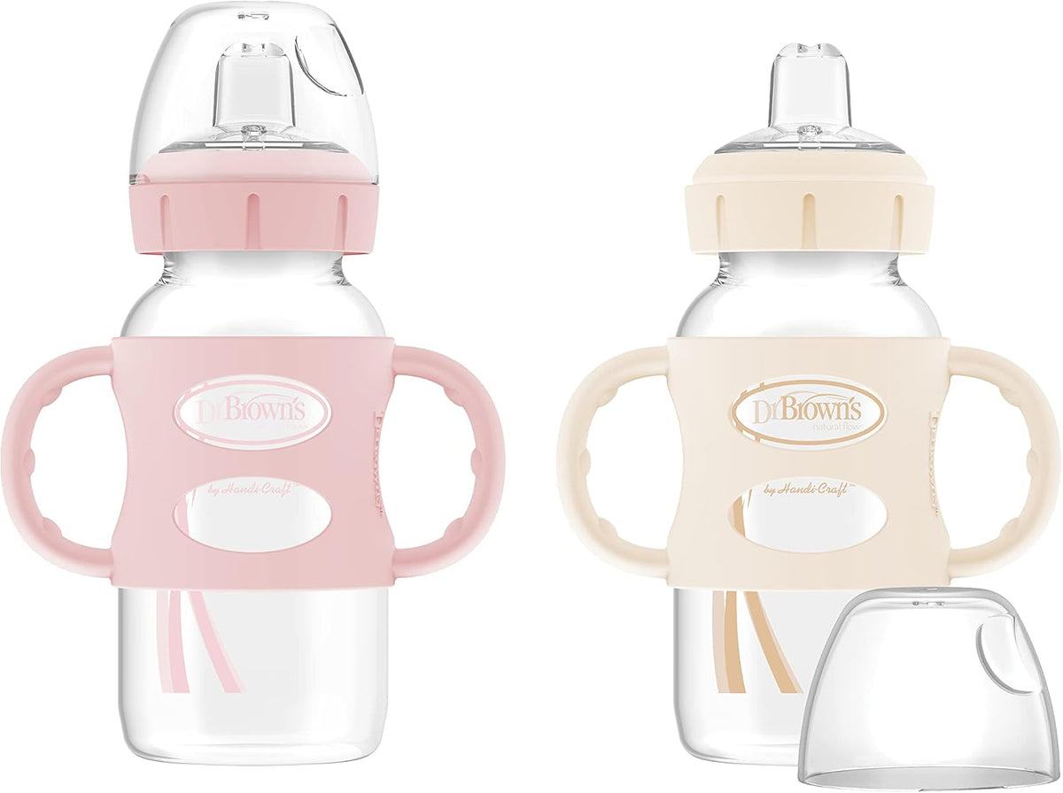 Dr. Brown's Wide-Neck Sippy Spout Bottle with Handles, Pink & Ecru, 2-Pack