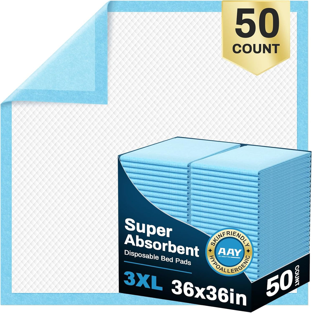 AAY Disposable Bed Pads 36" x 36" 50 Count for Adults, Kids, Puppy Training