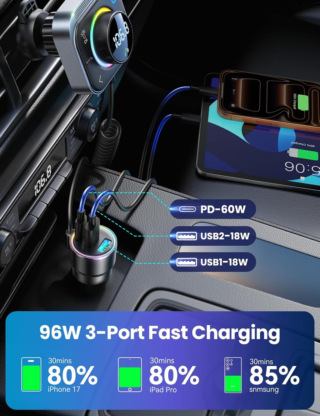JOYROOM Bluetooth 6.0 Car Adapter FM & AUX HiFi Bass 96W Fast Charging