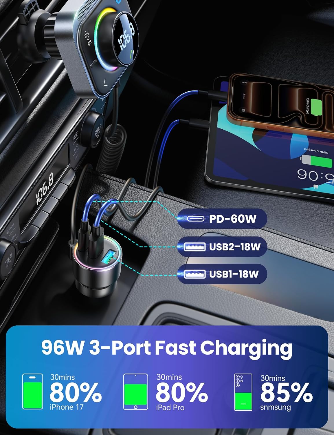 JOYROOM Bluetooth 6.0 Car Adapter FM & AUX HiFi Bass 96W Fast Charging