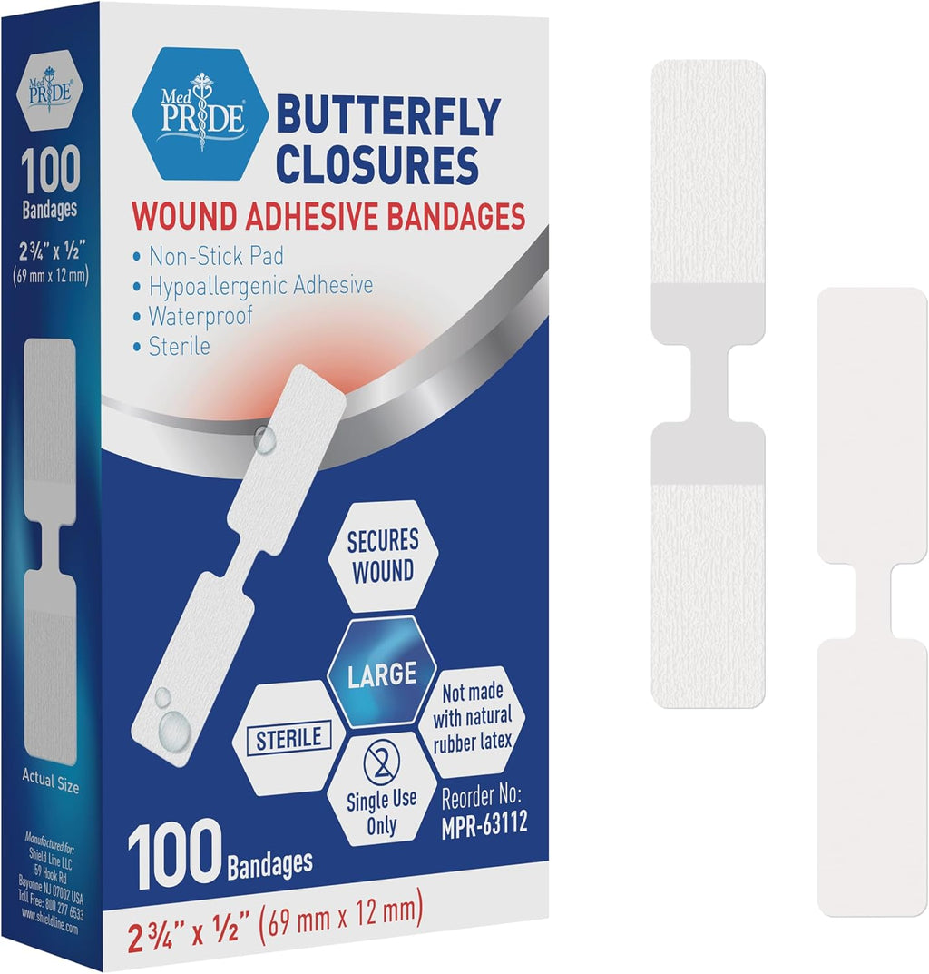 MED PRIDE Butterfly Wound Closure Strips,Sterile,Nonstick,Medium,100-Count