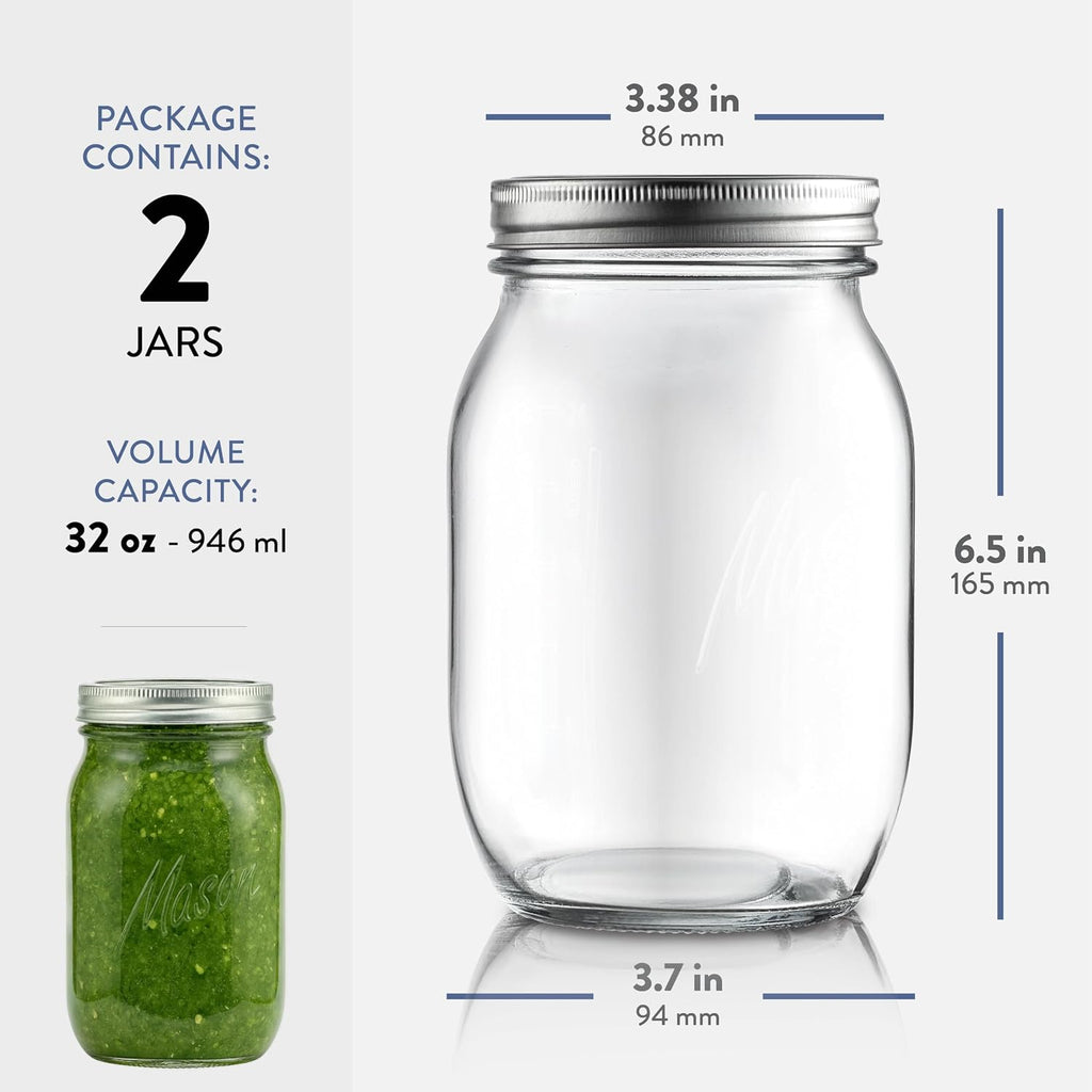 Paksh Novelty Wide Mouth Mason Jars 32 oz, Mason Jars with Lids, 2-Pack