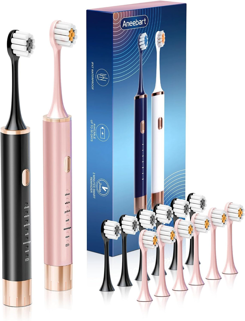 Aneebart Sonic 2 Pack Electric Toothbrush for Adults, Travel Toothbrush Includes 12 Replacement Toothbrush Heads, 6 Modes with 2 MIN Smart Timer (Black White)