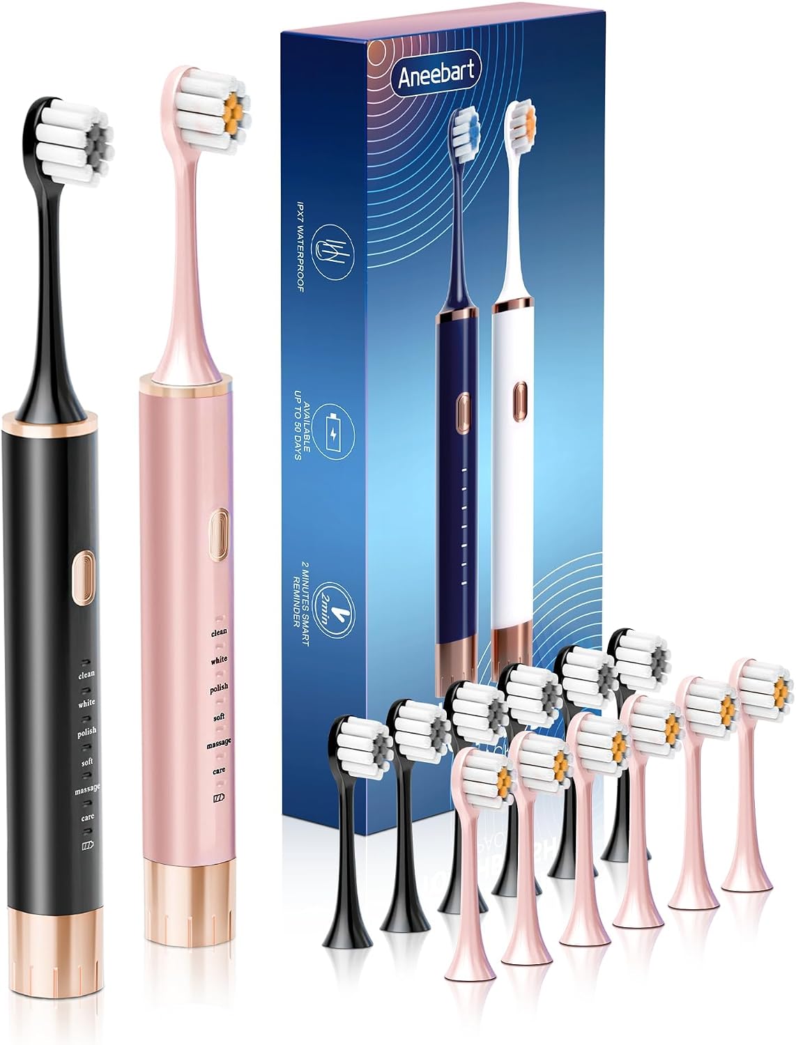Aneebart Sonic 2 Pack Electric Toothbrush for Adults, Travel Toothbrush Includes 12 Replacement Toothbrush Heads, 6 Modes with 2 MIN Smart Timer (Black White)
