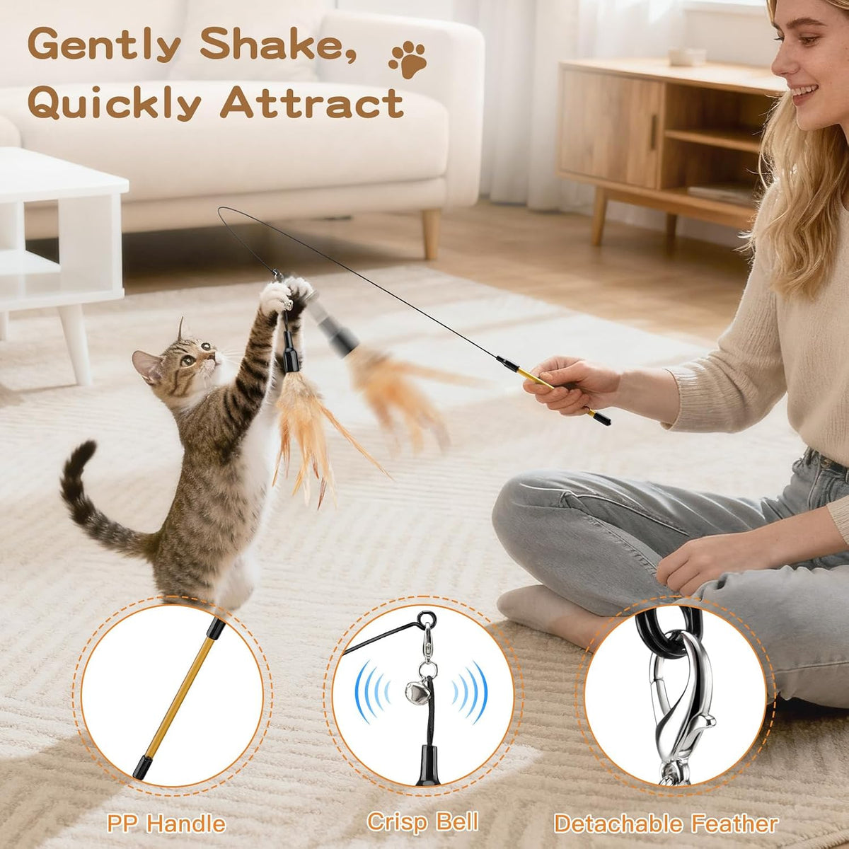 Pawaboo Cat Feather Wand Interactive Toy, 2 Feathers + 1 Wand with Bell