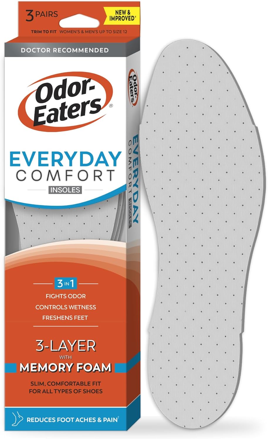 Odor-Eaters Everyday Comfort Insoles, Foot Odor Eliminating Insert, 3 Count