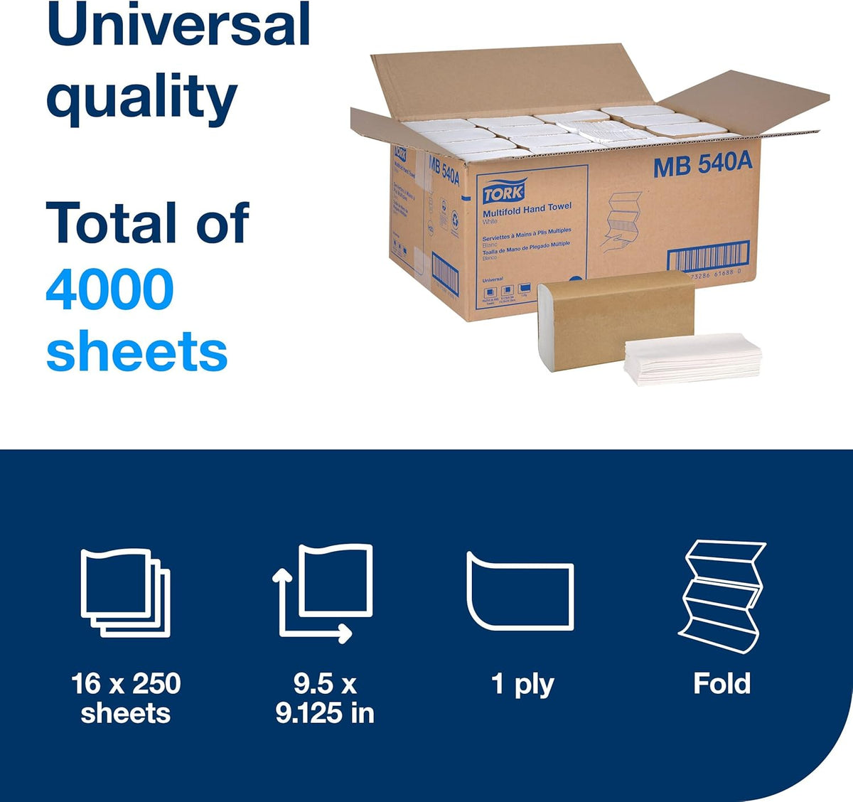 Tork Multifold Hand Towel White H2, 16 x 250 Towels, MB540A