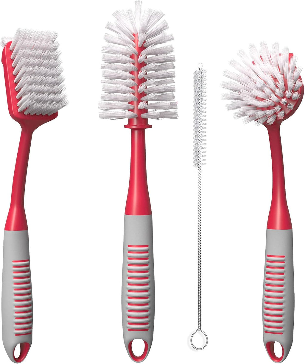 Dish Brush Set of 4 - Kitchen Scrub Brushes with Non-Slip Long Handle for Cleaning, Scrubber, Dishwashing, Dishes, Bottles, Straws, Cups, Pots & Sink, Black