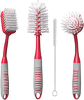 Dish Brush Set of 4 - Kitchen Scrub Brushes with Non-Slip Long Handle for Cleaning, Scrubber, Dishwashing, Dishes, Bottles, Straws, Cups, Pots & Sink, Black