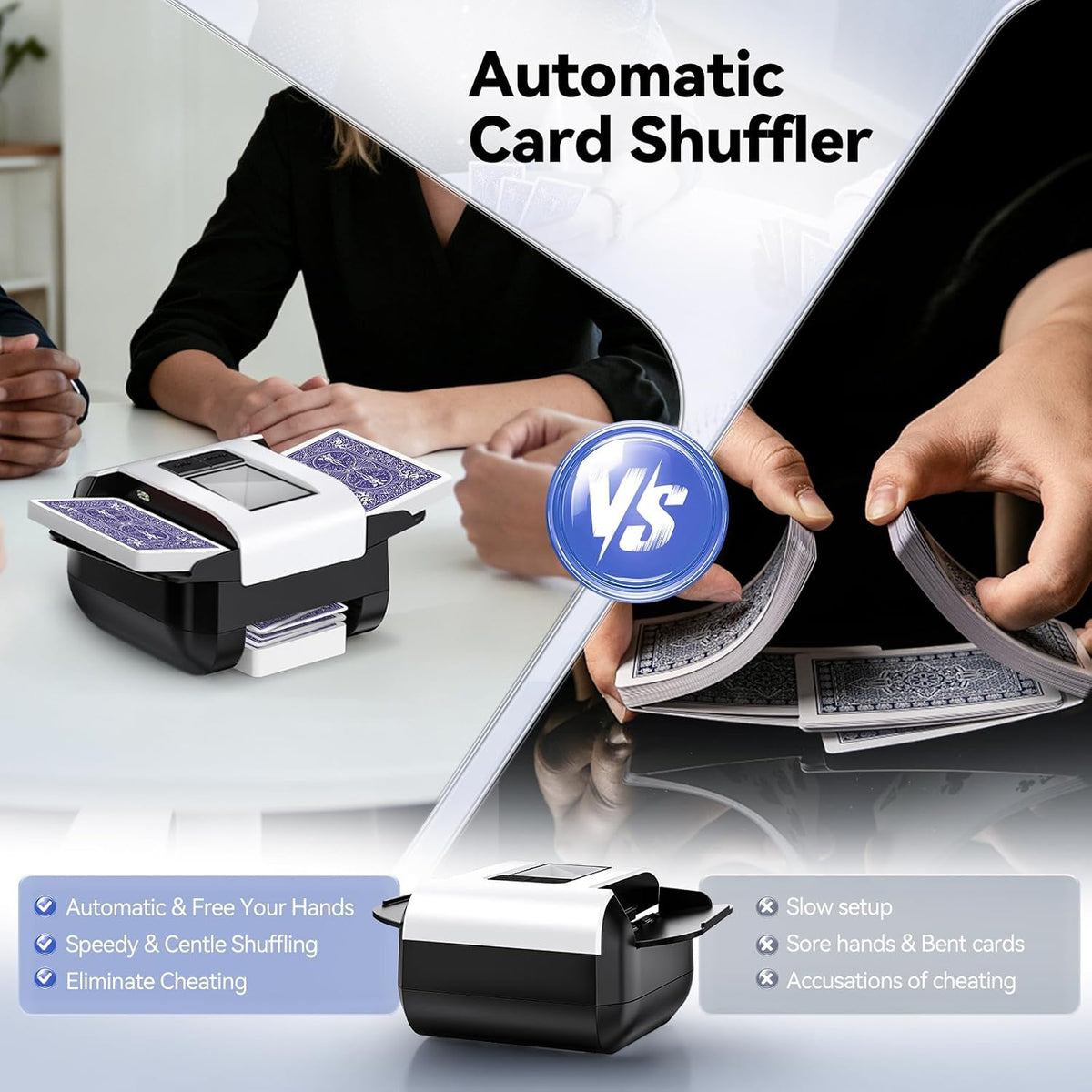 Automatic Card Shufflerfor 1-2 Decks with Dual Auto/Manual Modes, USB-C Rechargeable,Quiet Operation,Compatible with Texas Hold'emPoker All Card Types are Supported.