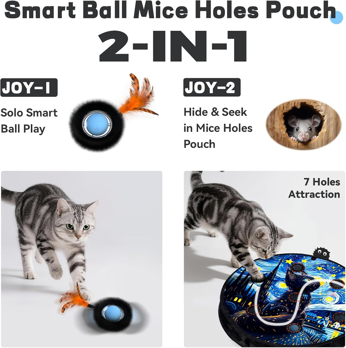 Interactive Cat Toy for Indoor Cats, Motion Activated Ball &7-Hole Maze Mat