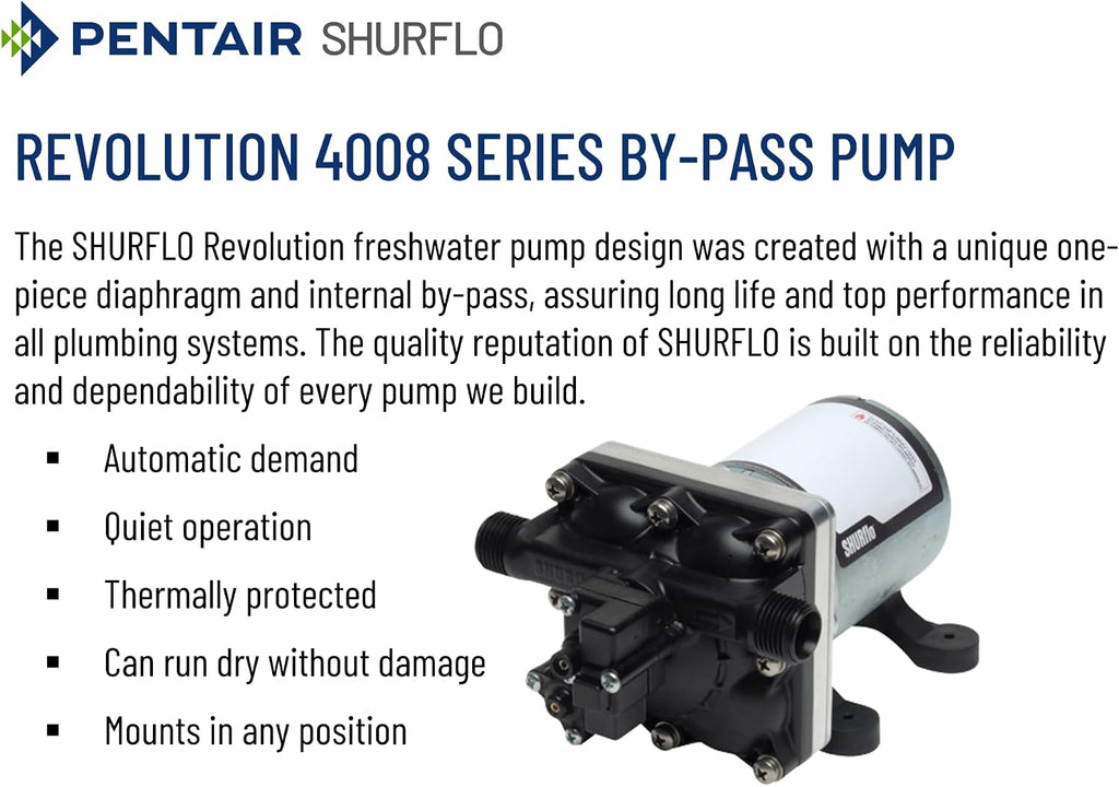 PENTAIR SHURFLO Revolution 4008-101-E65 RV Fresh Water Pump 12V 3.0 GPM 55 PSI Quiet Automatic Demand Diaphragm By-Pass Pump
