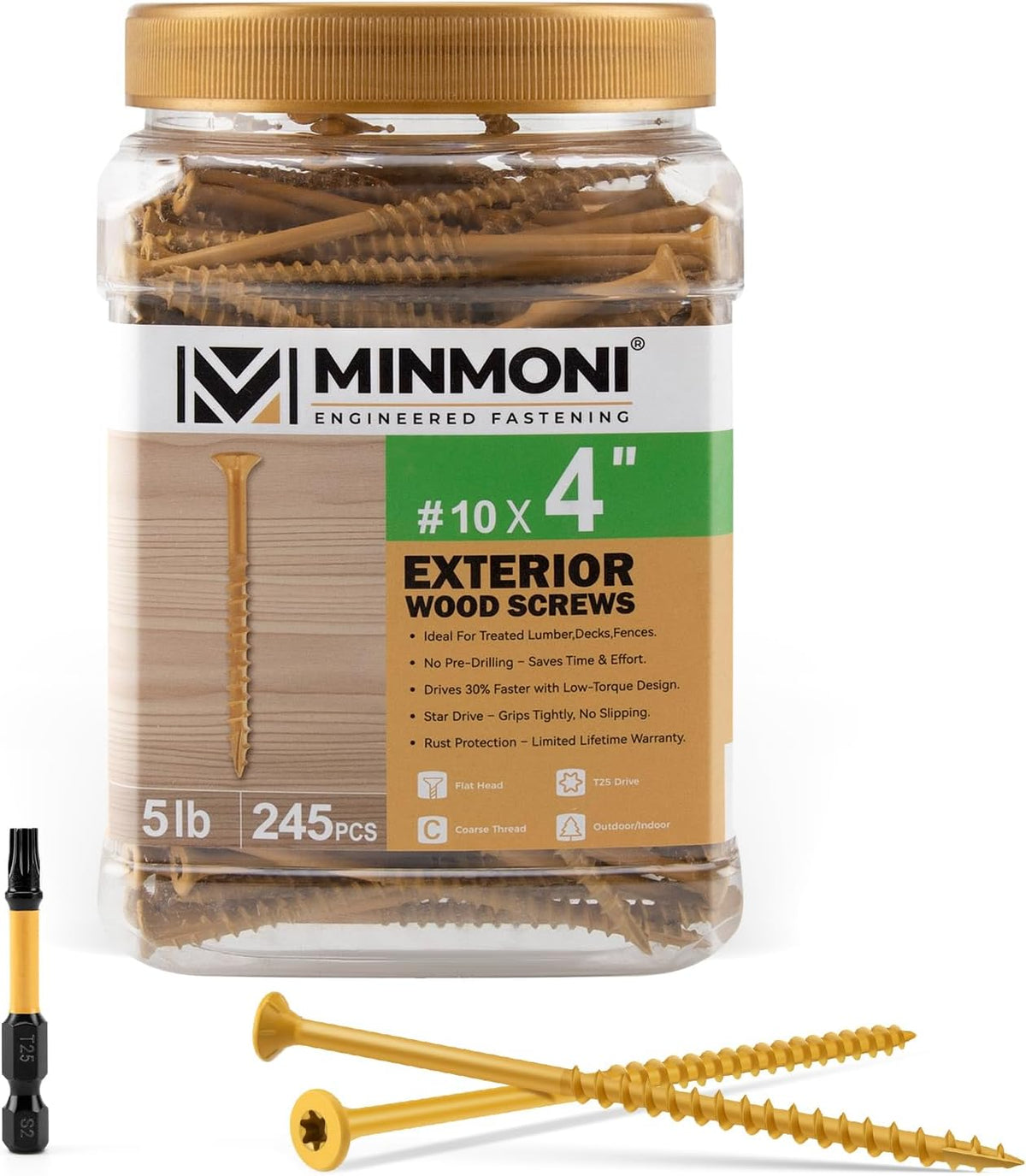 #10 x 3'' Wood Deck Screws 310pcs (5lb Box), Torx Flat-Head Exterior Screws, Multiple Size Available, Tan, T25 Star Bit Included