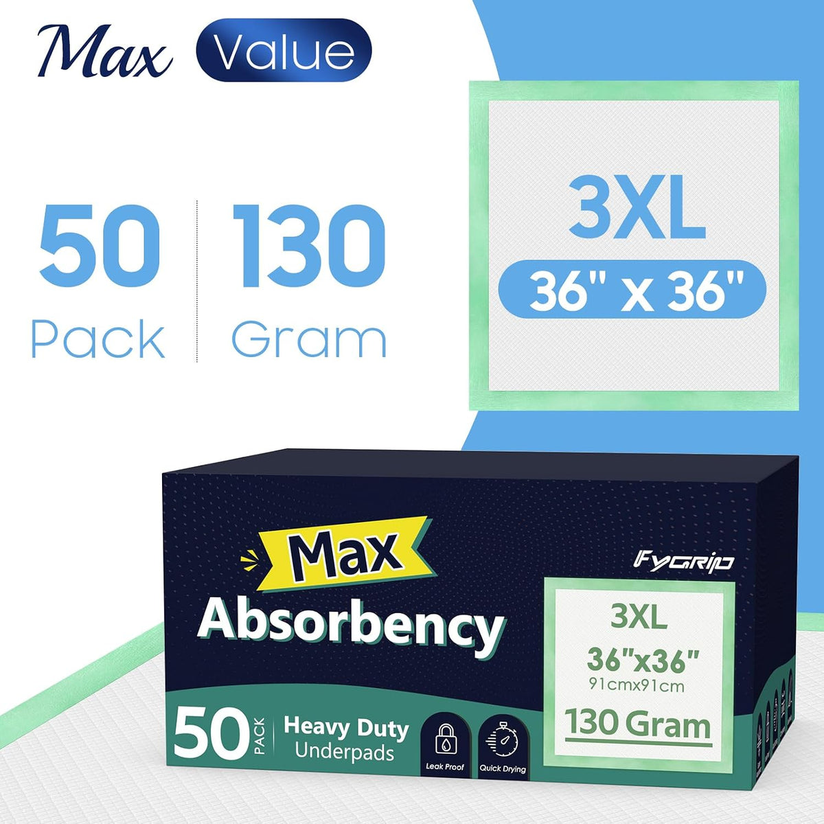 50 Ct Hospital Grade 130 Gram 36” x 36” Max Absorbency Disposable Underpads
