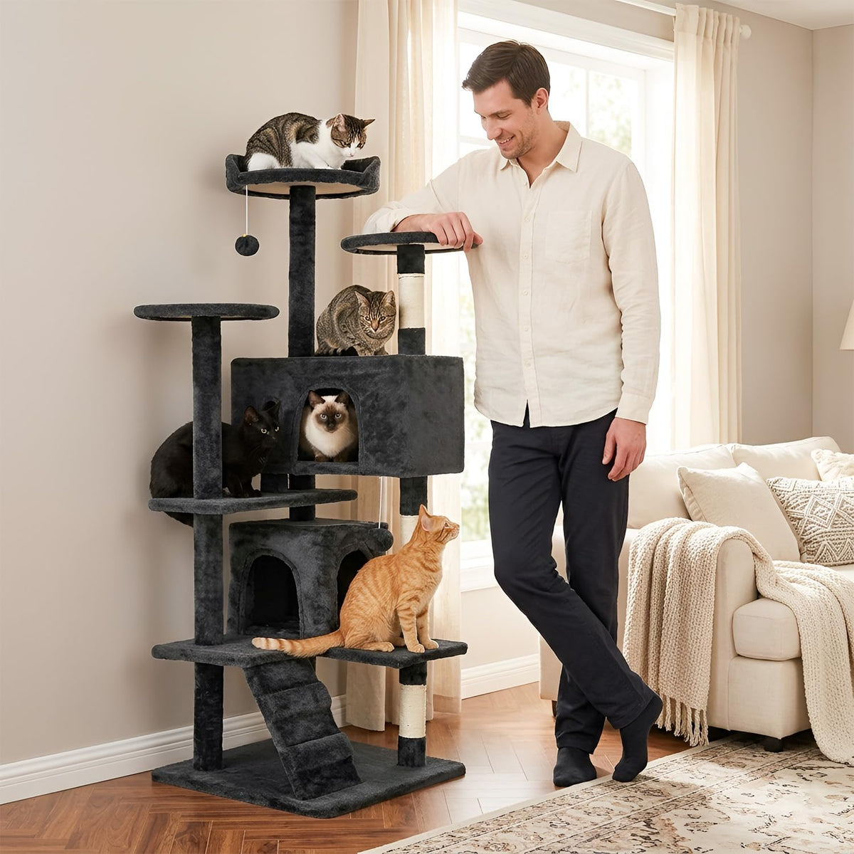 FDW | 54" Cat Tree Tower | Dark Gray | Multi-Level Indoor Activity Center