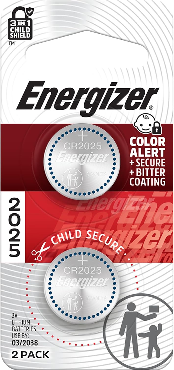 Energizer 2025 Batteries (2 Pack), 3V Lithium Coin Batteries With 3-in-1 Child Shield