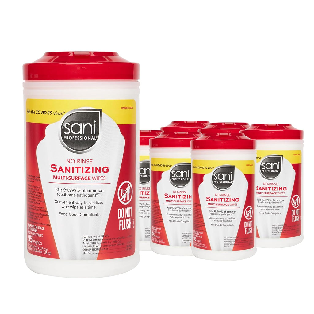 PDI Sani-Professional Sanitizing Wipes, No-Rinse Multi-Surface Cleaning for Food Contact Surfaces, Kitchens, Restuarants Tables, 95 Large 7.75" x 9" Count per Canister, Pack of 6