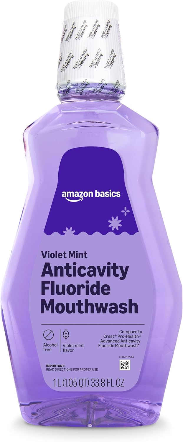 Amazon Basics Anticavity Fluoride Mouthwash, Alcohol Free, Violet Mint, 1 Liter, 33.8 Fluid Ounces, 1-Pack, Packaging May Vary