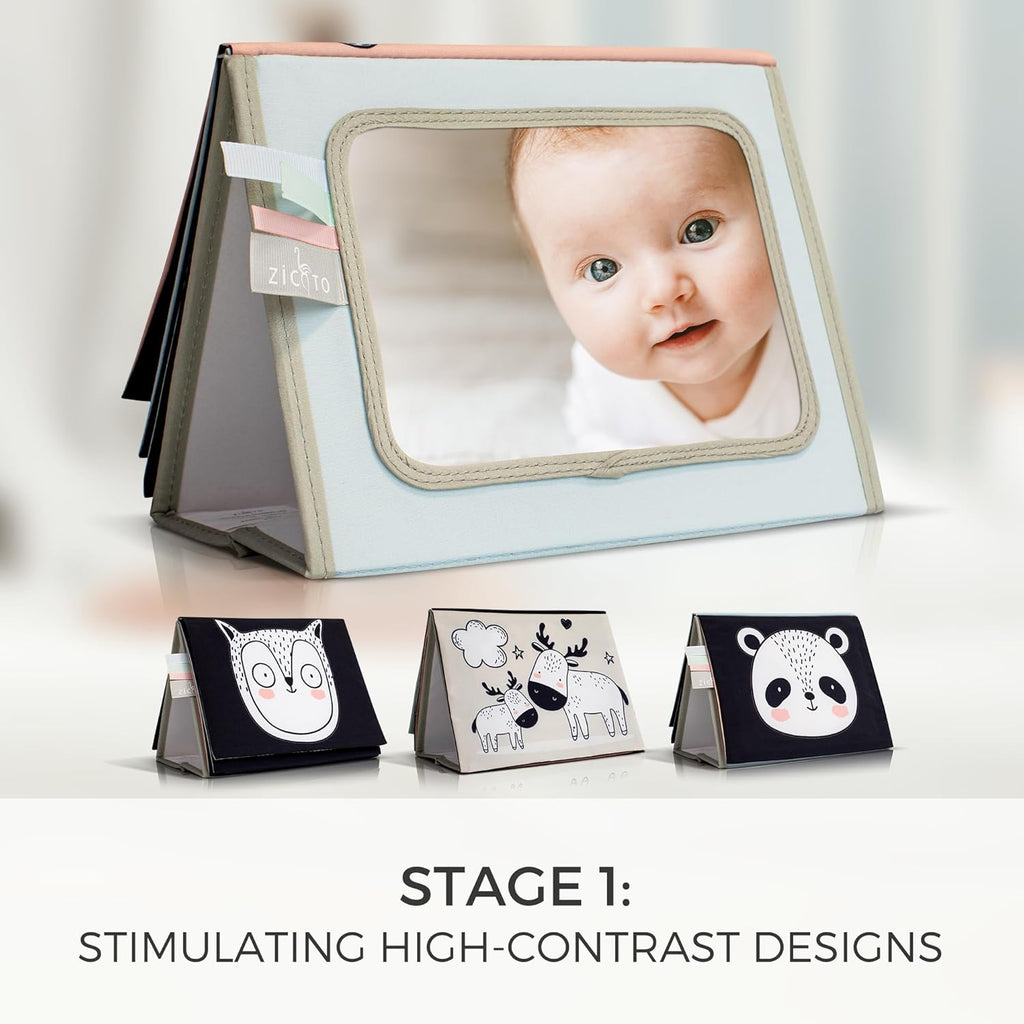 Soft Tummy Time Book w/ Baby Safe Mirror - High Contrast Montessori Toy