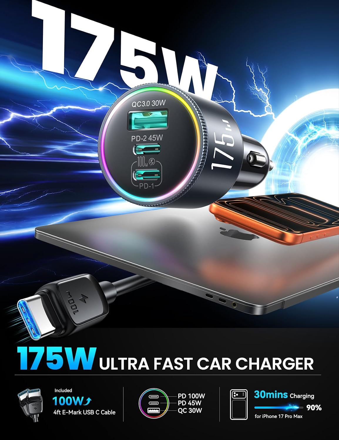 JOYROOM 175W Car Charger USB C Fast Charge, 3-Port Super Fast Car Charger
