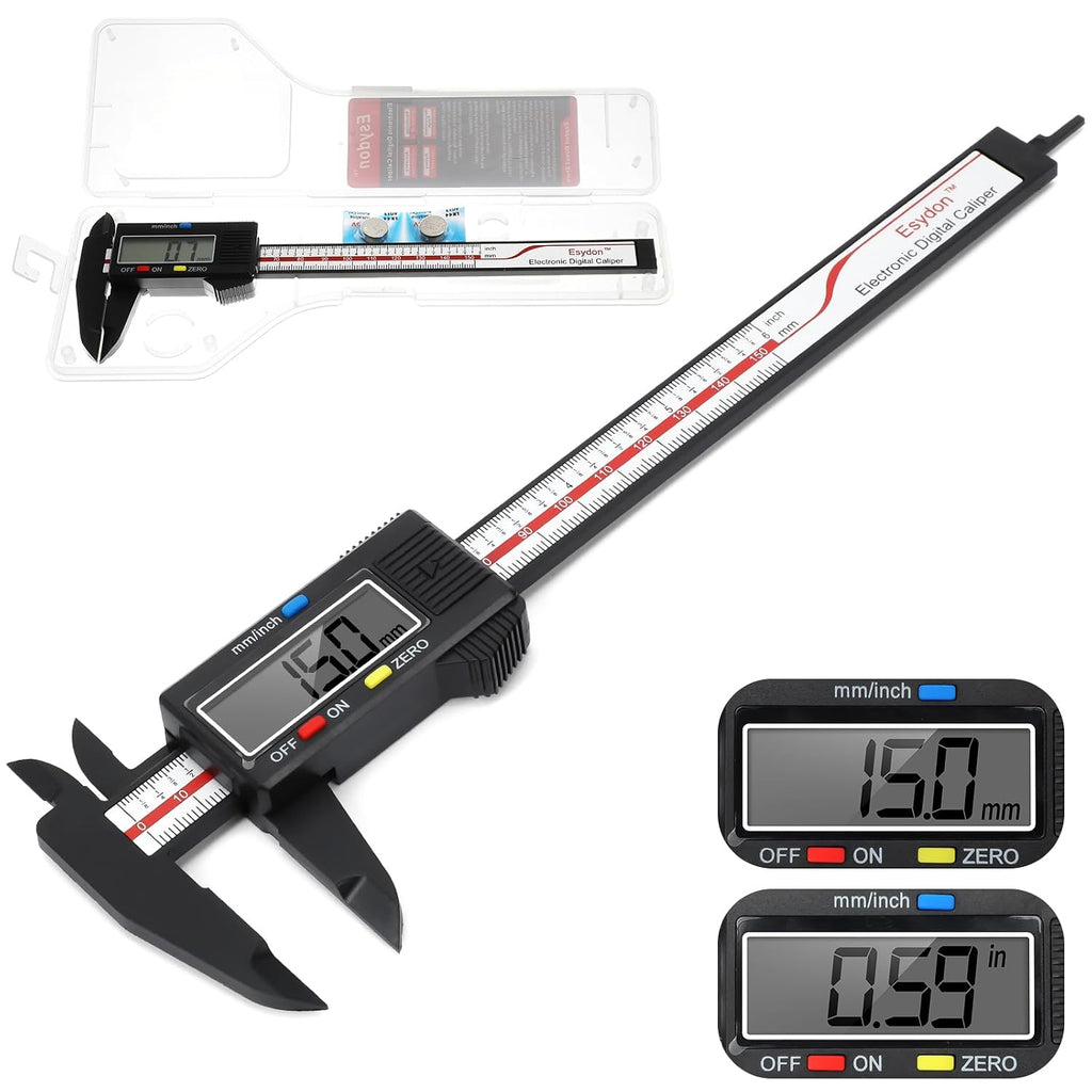 Digital Caliper, Esydon Upgraded Calipers 6 inch, Measuring Tool, Electronic Ruler, with Large LCD Screen, Auto-Off Feature, Inch and Millimeter Conversion, Plastic Case, Perfect for Household, DIY