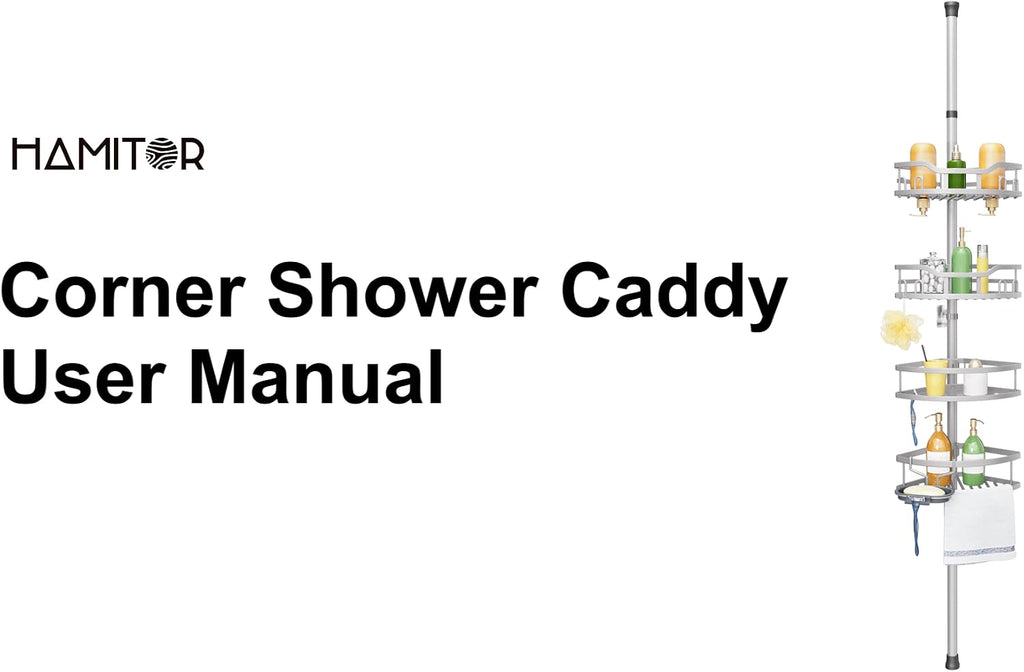 HAMITOR Corner Shower Caddy Tension Pole: Rustproof Stable 4-Tier Bathroom Organizer Shelves for Bathtub Shampoo Storage - 47-121 Inch Quick Install Adjustable Shelf with Soap Rack - Silver Gray