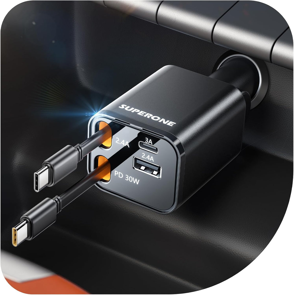 SUPERONE 6 in 1 Retractable Car Charger with Dual Type C Cables