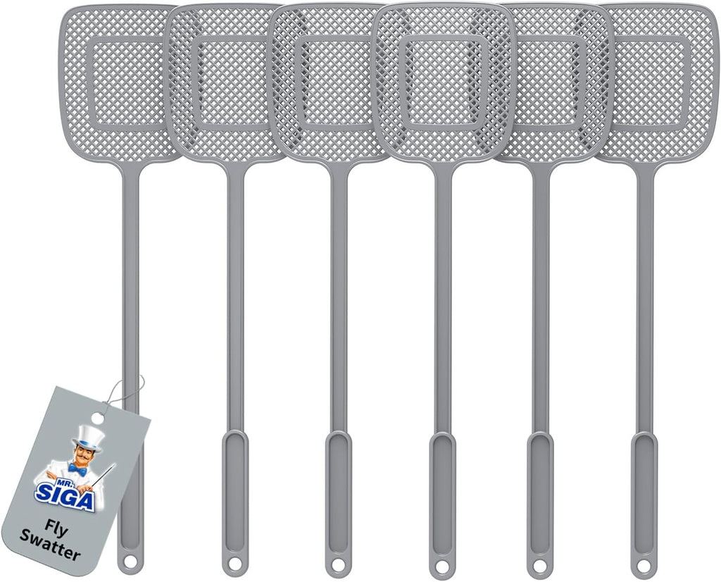 MR.SIGA Heavy Duty Long Handle Fly Swatter, Gray, 6 Pack