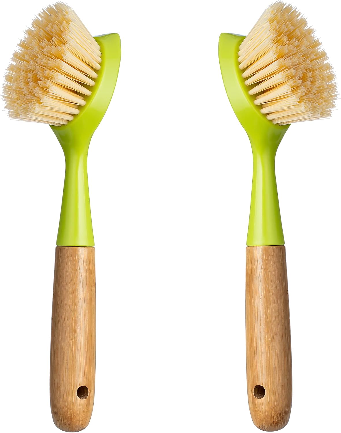 2 Pack Kitchen Dish Brush Bamboo Handle Dish Scrubber Built-in Scraper