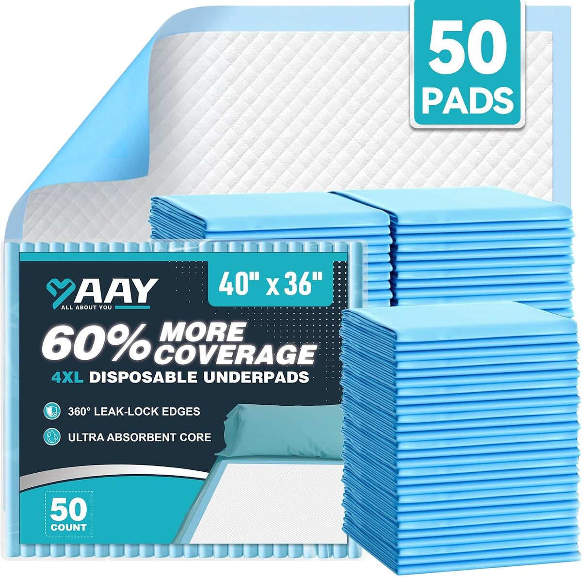 AAY 50 Count Extra Large Disposable Underpads for Incontinence, 40"x36"