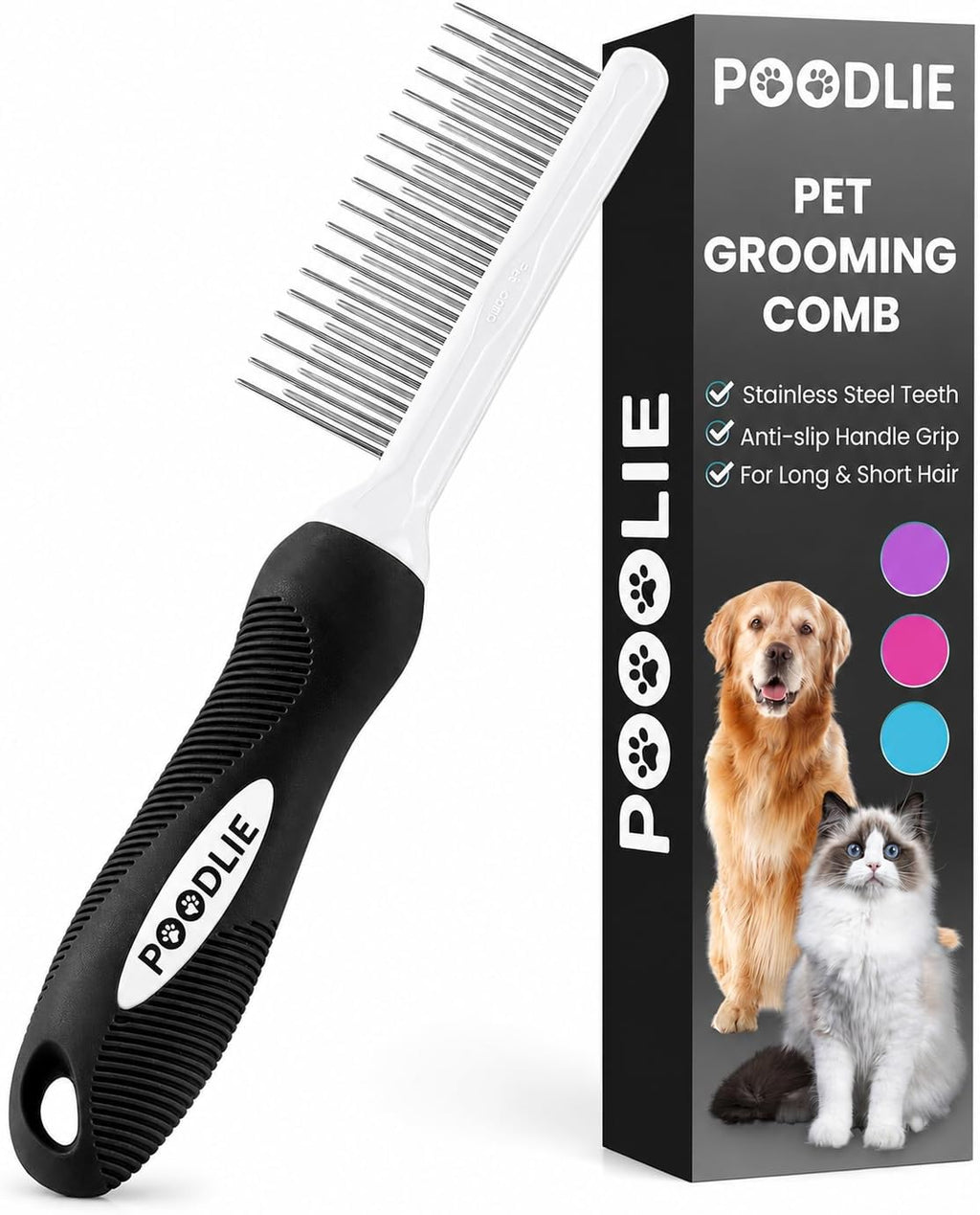 Poodle Dematting Fur Rake Comb Brush for Dogs and Cats - Long 2.5" Steel Safety Blades Metal Comb for Detangling Matted or Knotted Undercoat Hair