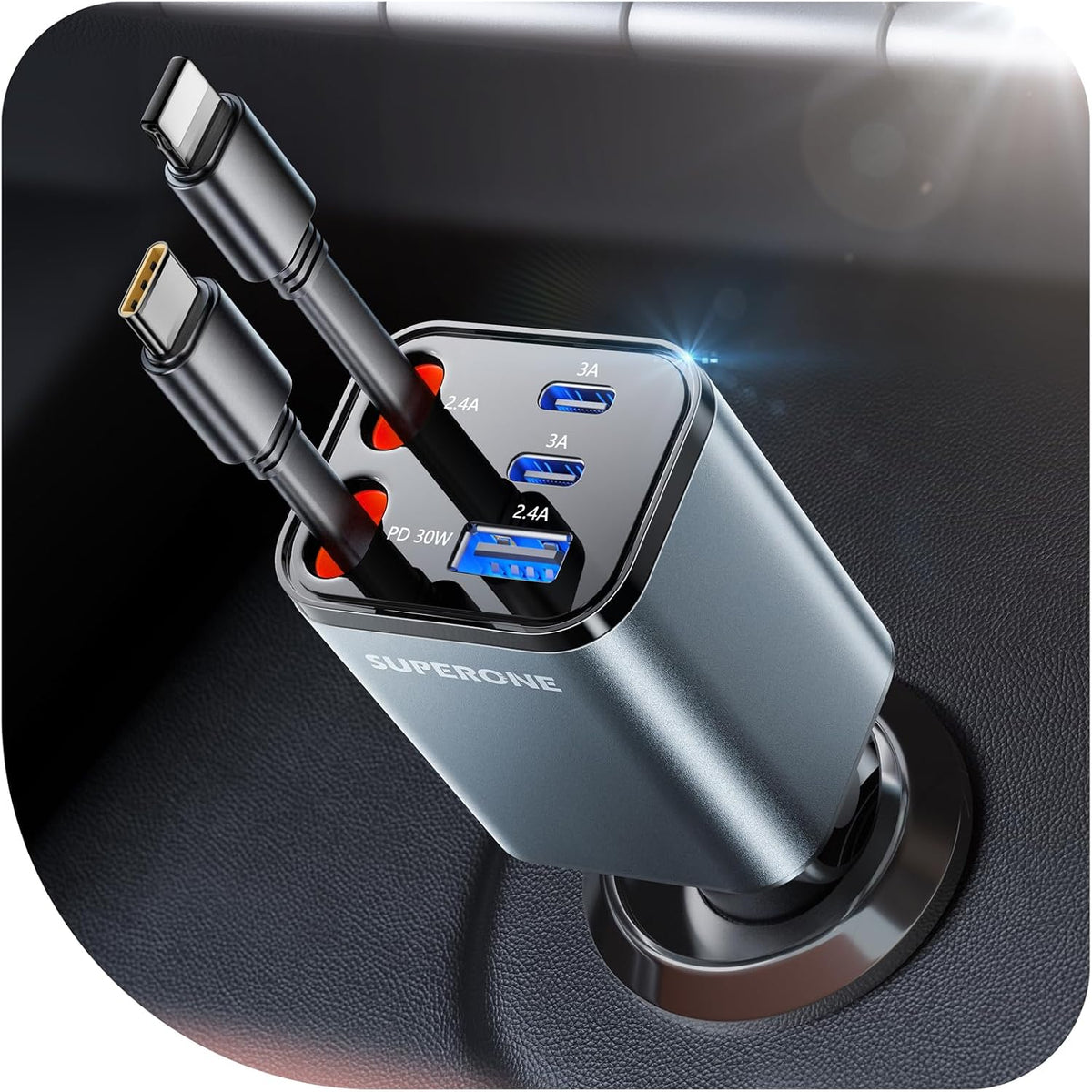 SUPERONE 6 in 1 Retractable Car Charger with Dual Type C Cables