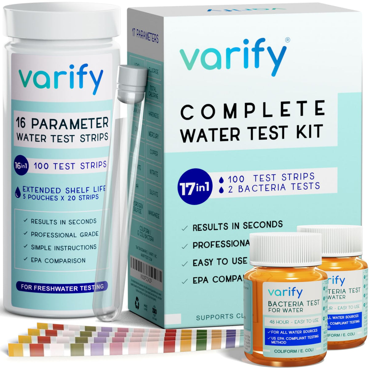 Varify 17in1 Complete Drinking Water Test Kit - 100 Strips + 2 Bacteria Tester Kits - Well, Tap, Home, City Water Testing Strip for Lead, Alkaline, Chlorine, Hardness, Iron, Fluoride, Copper & More