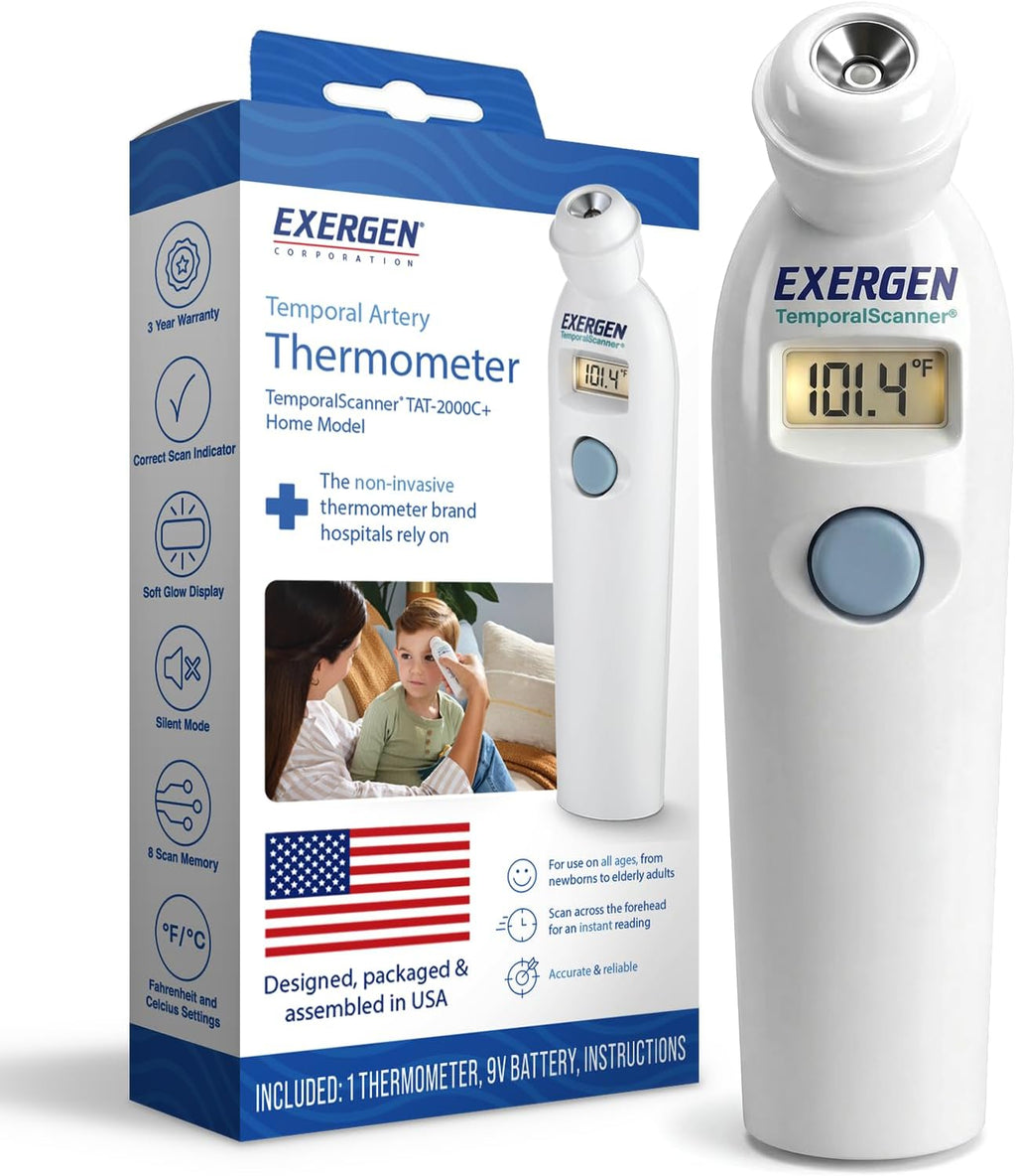 Exergen TAT-2000C+ Temporal Artery Thermometer, White, 9V Included