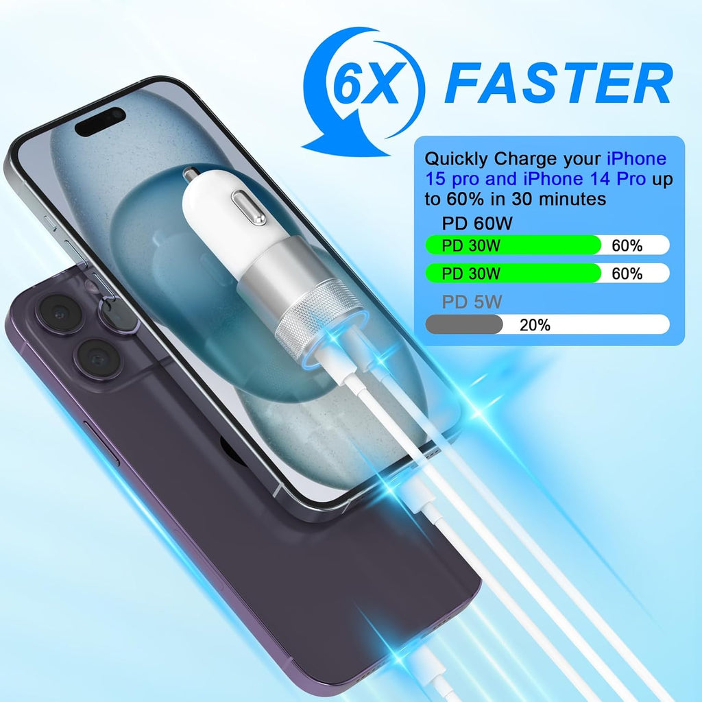 iPhone Car Charger Fast Charging, 60W Car Charger+Two Types of Cables, 2PCS